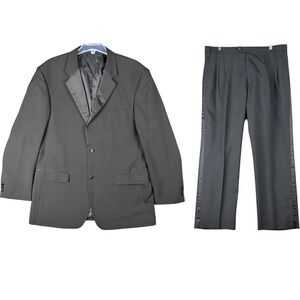 Gianni Vironi Mens Black Tuxedo Suit Set Jacket 44R Pleated Pants 38W 30L Satin
